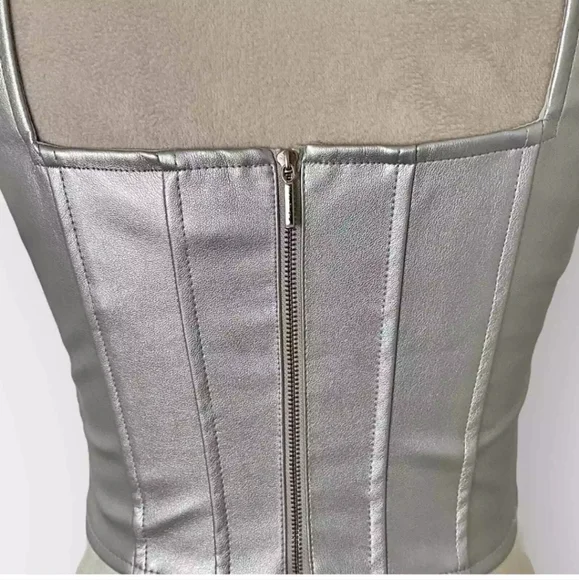 NWOT Japna Metallic Silver Zip Up Corset Faux Leather Crop Bustier Sz S - Picture 7 of 12